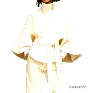 Wool Blend Pea Coat Batwing Sleeve Cropped Overcoat Stand Collar Belted